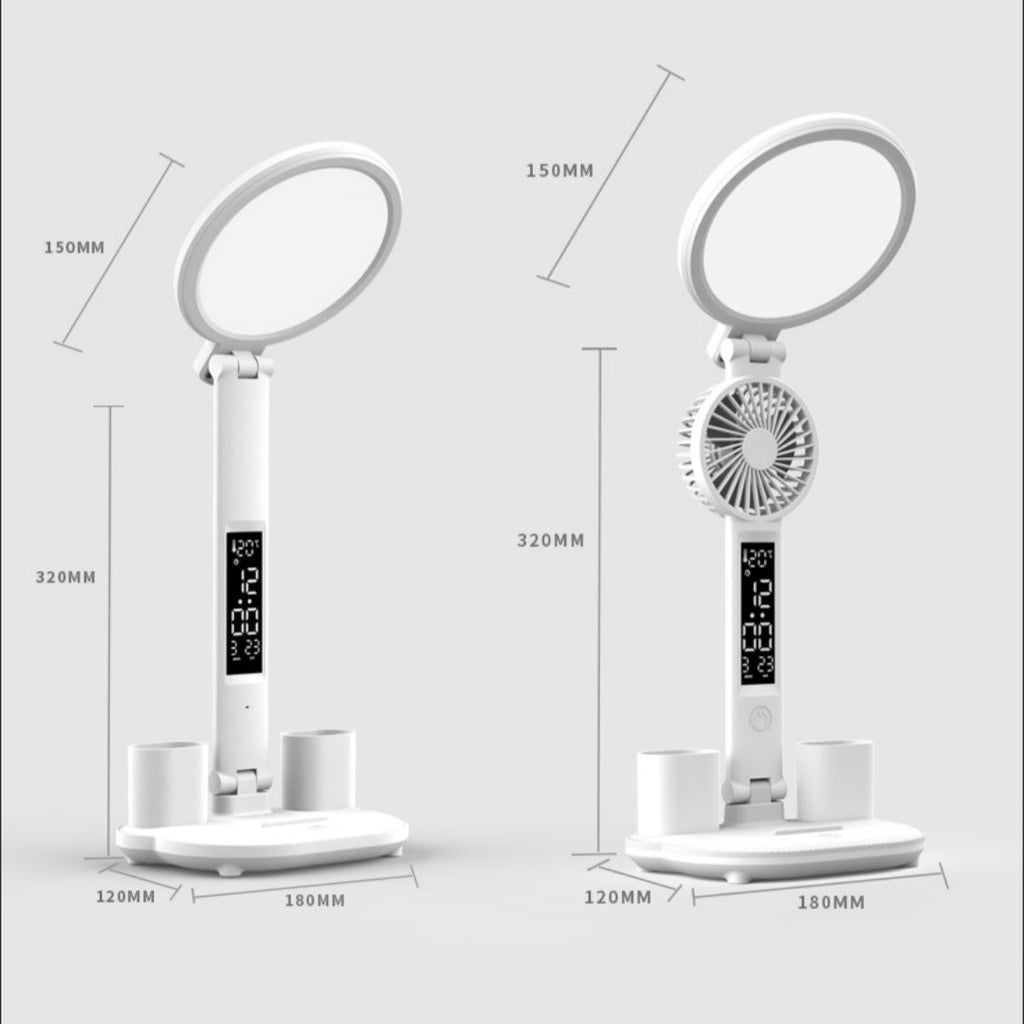LED Clock Table Lamp USB Chargeable Dimmable Desk Lamp Plug-in LED Fan