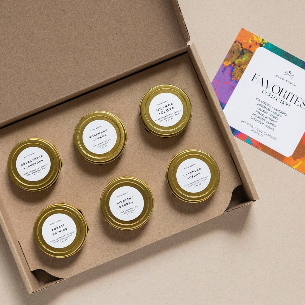 Favorites Collection 6-Pack | 100% Essential Oil Soy Candles | Six Best-Selling Mini Tins | Slow North