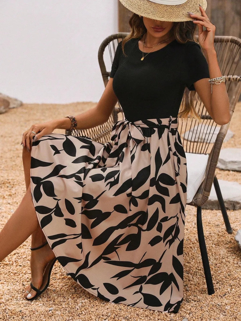 Printed Round Neck Short Sleeve Midi Dress