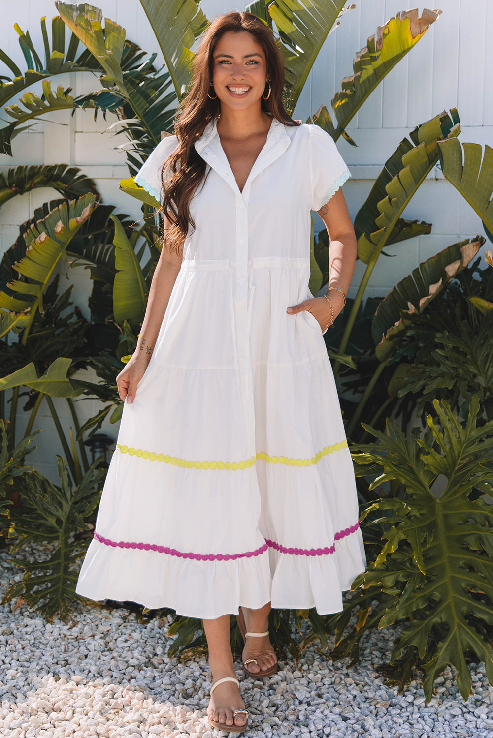 Aleah Rickrack Trim Short Sleeve Long Dress