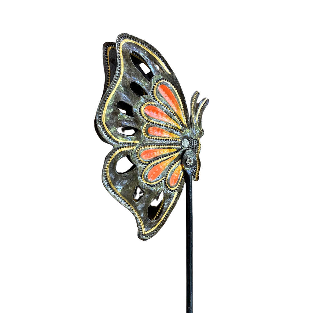 Orange Butterfly Garden Stake – Handcrafted Metal Art