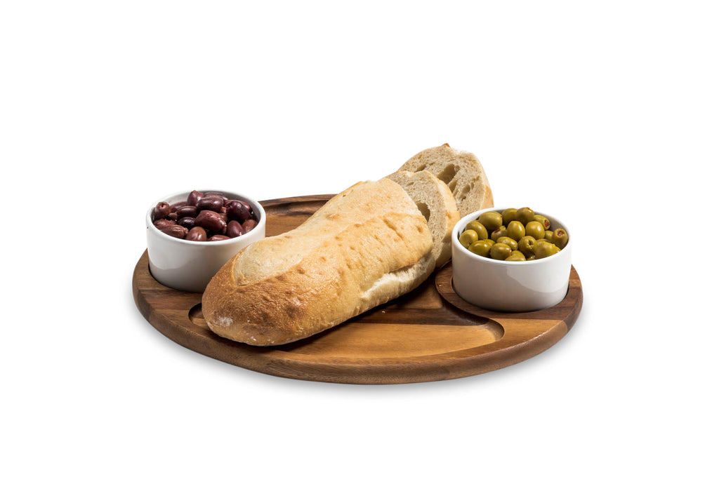 Acacia Wood Charcuterie & Serving Board | 2 Lidded Ceramic Bowls | 15" x 12" | Kalmar Home