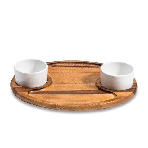 Acacia Wood Charcuterie & Serving Board | 2 Lidded Ceramic Bowls | 15" x 12" | Kalmar Home