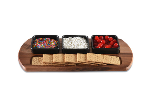 Acacia Wood Charcuterie & Serving Tray | 3 Black Square Ceramic Bowls | 18" x 9" | Handcrafted | Kalmar Home