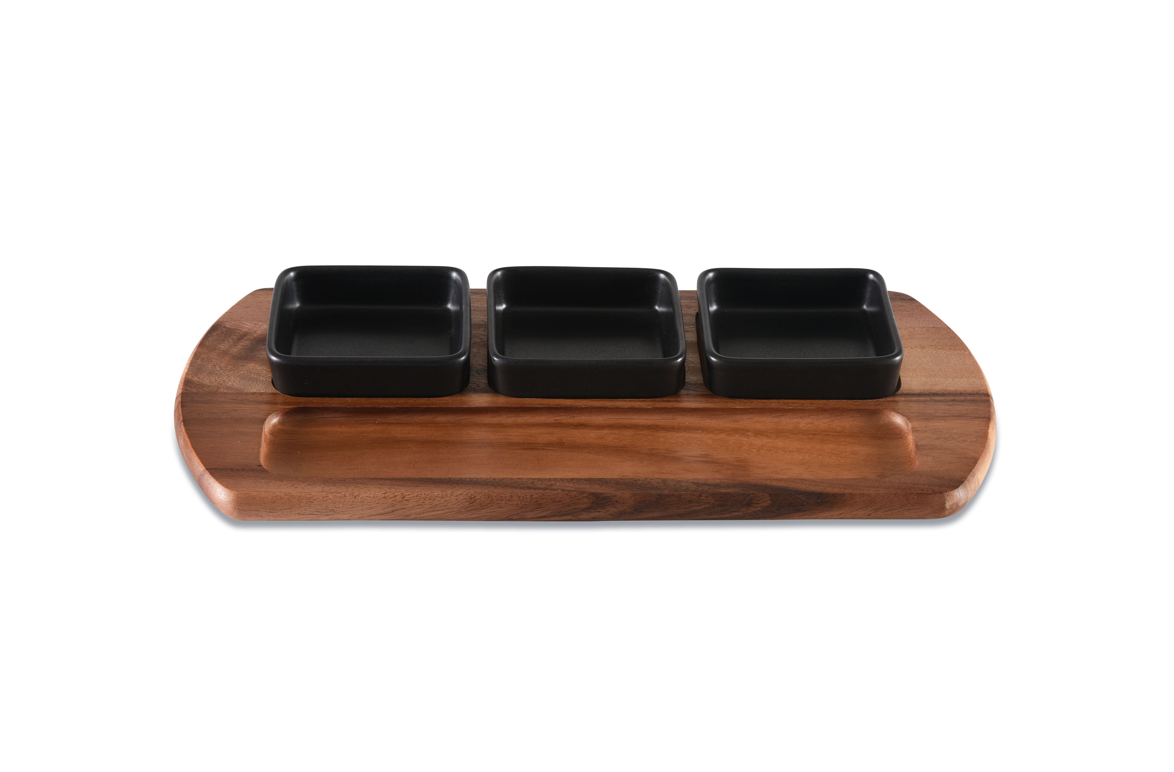 Acacia Wood Charcuterie & Serving Tray | 3 Black Square Ceramic Bowls | 18" x 9" | Handcrafted | Kalmar Home