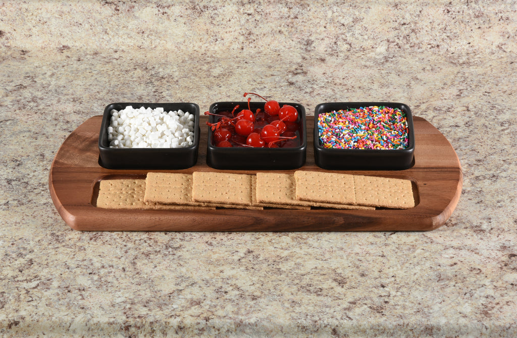 Acacia Wood Charcuterie & Serving Tray | 3 Black Square Ceramic Bowls | 18" x 9" | Handcrafted | Kalmar Home