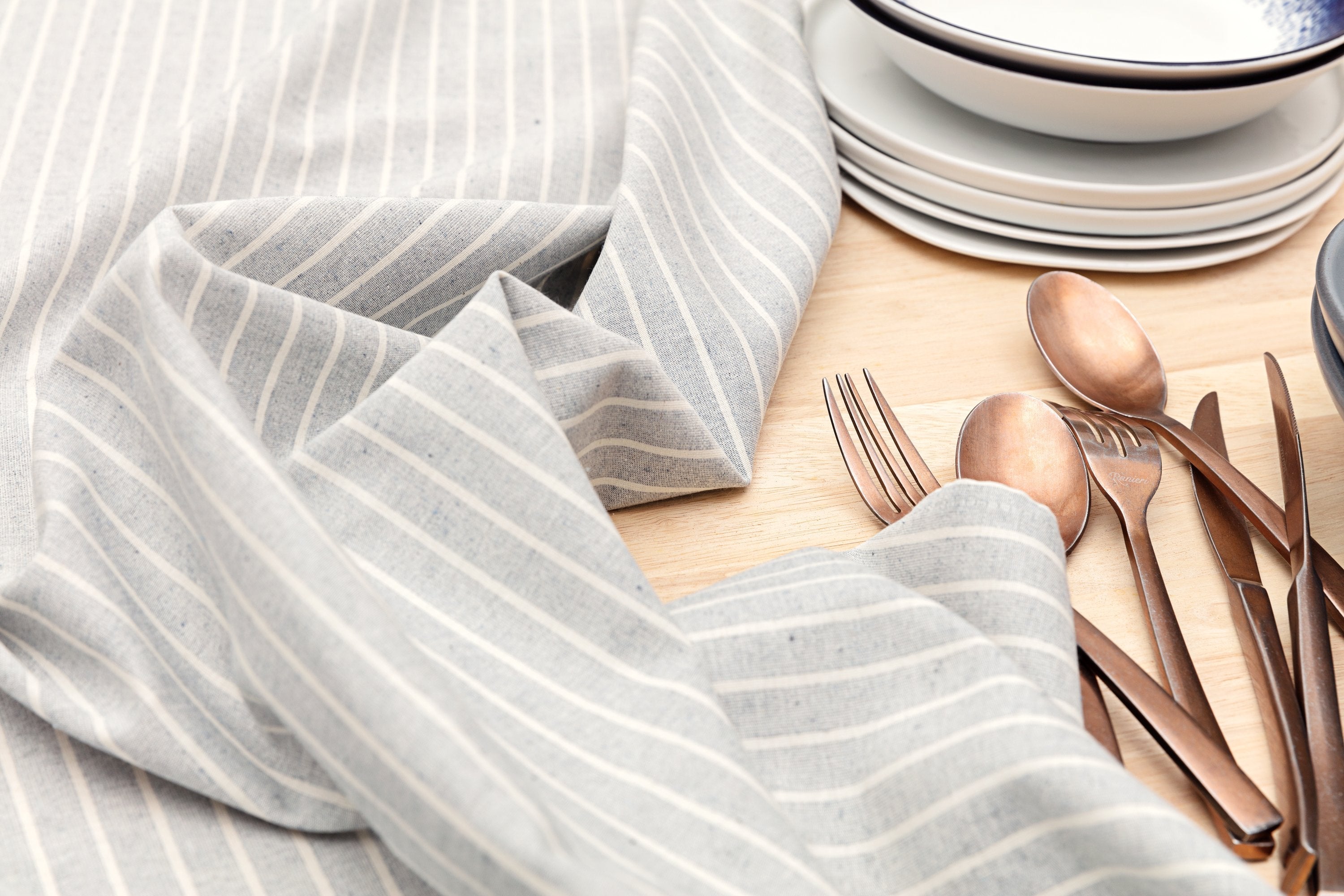 Pinstripe Cotton Tablecloth | Montreal, Quebec | 100% Cotton | 3 Sizes | Natural & Grey | MEEMA
