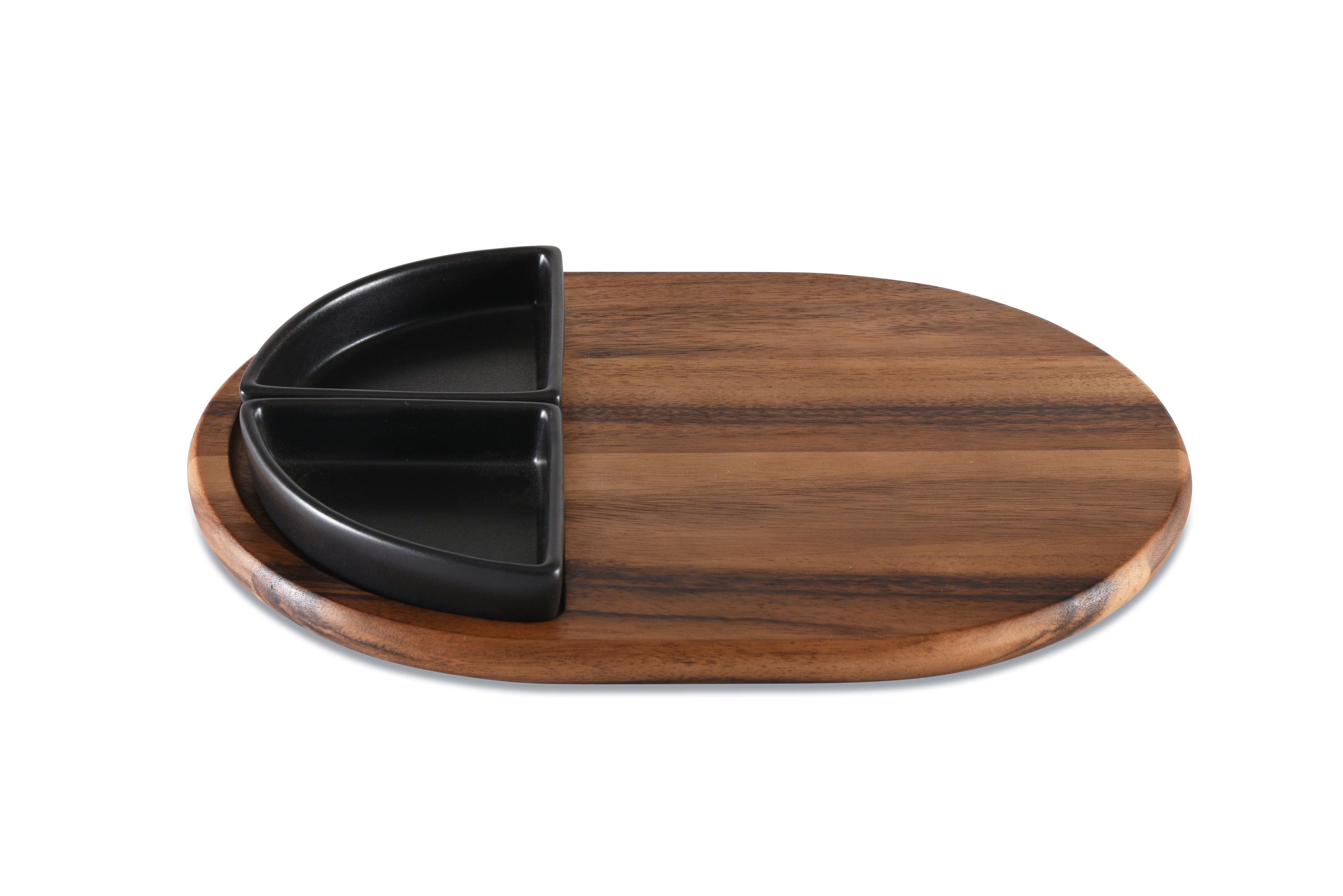 Acacia Wood Charcuterie & Serving Tray | 2 Black Triangular Ceramic Bowls | 15" x 11" | Handcrafted | Kalmar Home