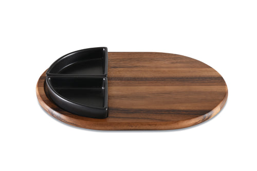 Acacia Wood Charcuterie & Serving Tray | 2 Black Triangular Ceramic Bowls | 15" x 11" | Handcrafted | Kalmar Home