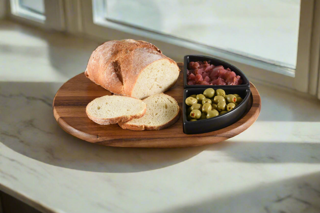Acacia Wood Charcuterie & Serving Tray | 2 Black Triangular Ceramic Bowls | 15" x 11" | Handcrafted | Kalmar Home