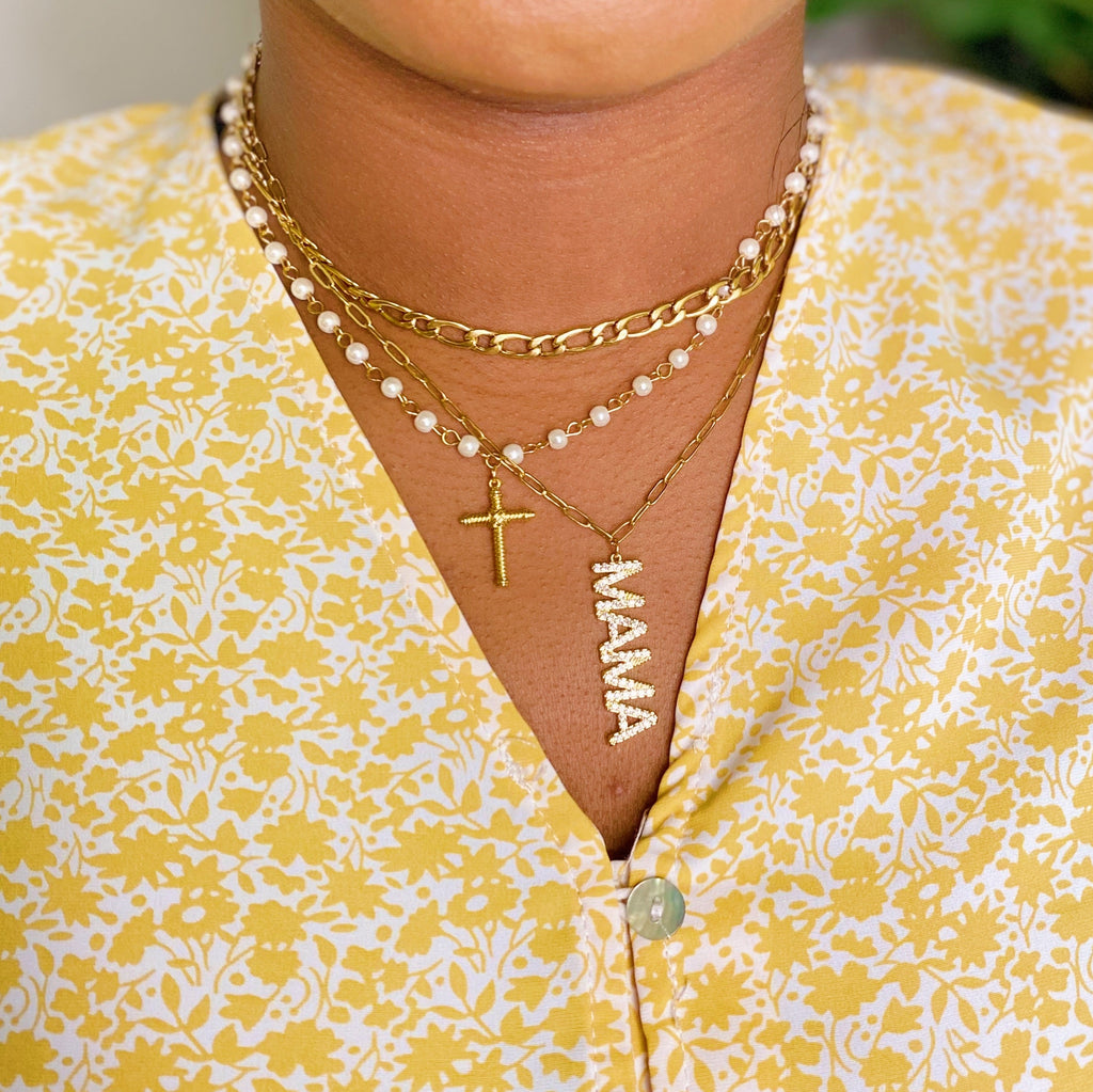 Cabled Cross & Pearl Pendant Necklace | 18K Gold Plated | Glass Pearls | Lead & Nickel Free | Faith Jewelry | Ellison + Young