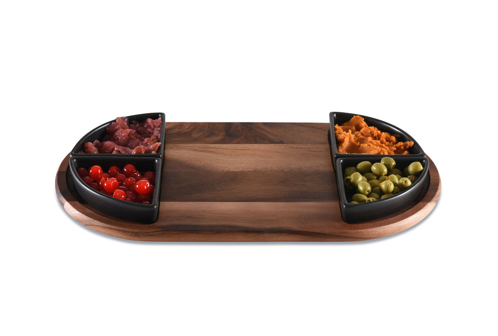 Acacia Wood Charcuterie & Serving Tray | 4 Triangular Ceramic Bowls | 20"x11" | Kalmar Home