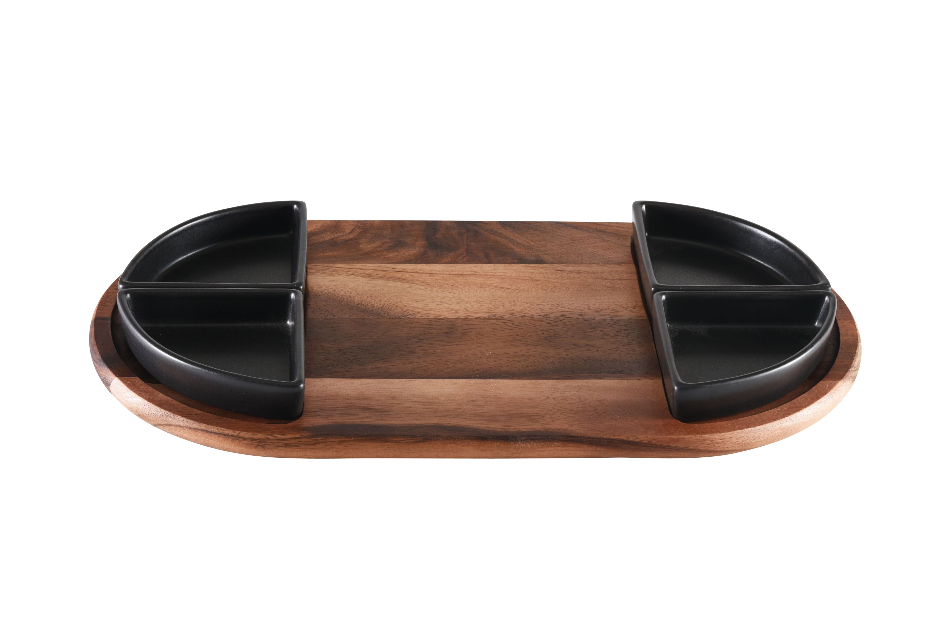 Acacia Wood Charcuterie & Serving Tray | 4 Triangular Ceramic Bowls | 20"x11" | Kalmar Home