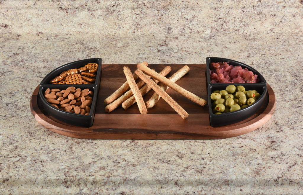 Acacia Wood Charcuterie & Serving Tray | 4 Triangular Ceramic Bowls | 20"x11" | Kalmar Home