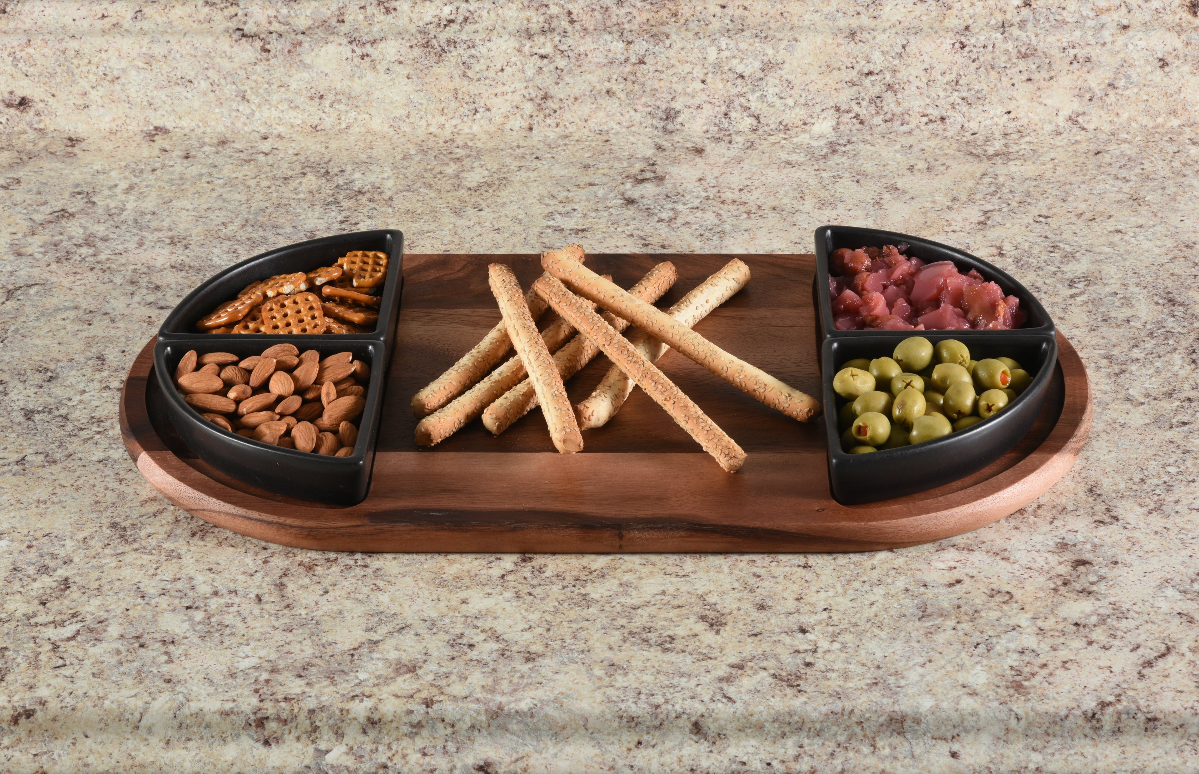 Acacia Wood Charcuterie & Serving Tray | 4 Triangular Ceramic Bowls | 20"x11" | Kalmar Home