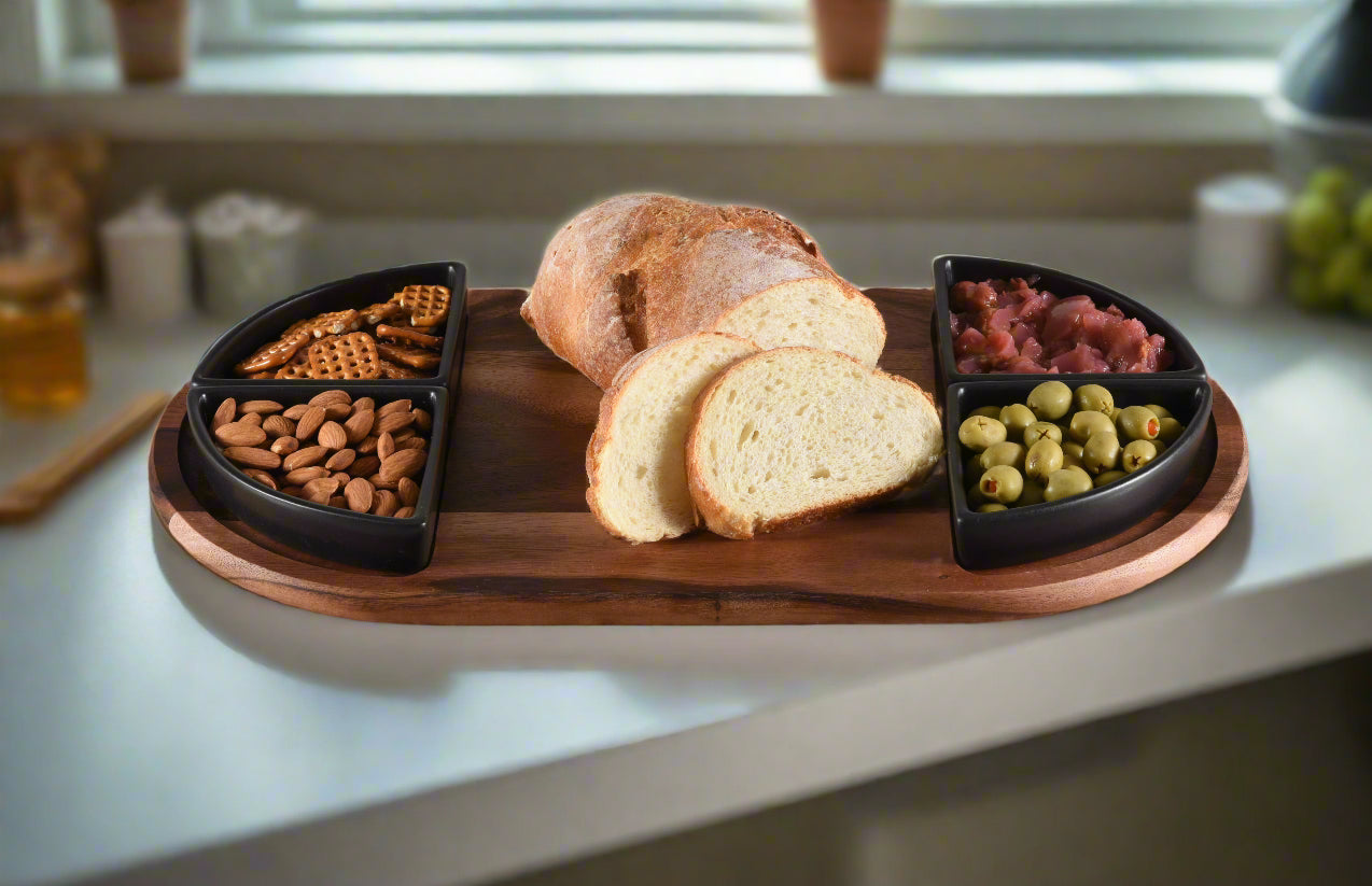 Acacia Wood Charcuterie & Serving Tray | 4 Triangular Ceramic Bowls | 20"x11" | Kalmar Home