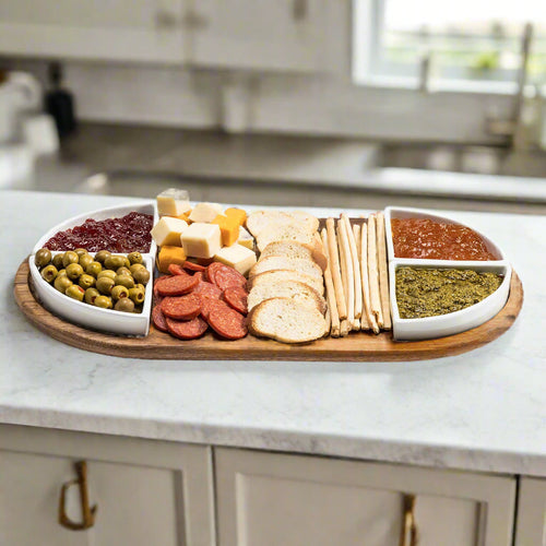 Acacia Wood Charcuterie & Serving Tray | 4 Triangular Ceramic Bowls | 20"x11" | Kalmar Home