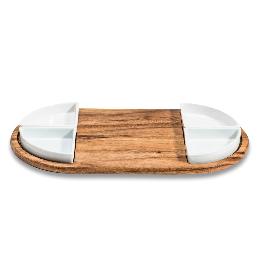 Acacia Wood Charcuterie & Serving Tray | 4 Triangular Ceramic Bowls | 20"x11" | Kalmar Home