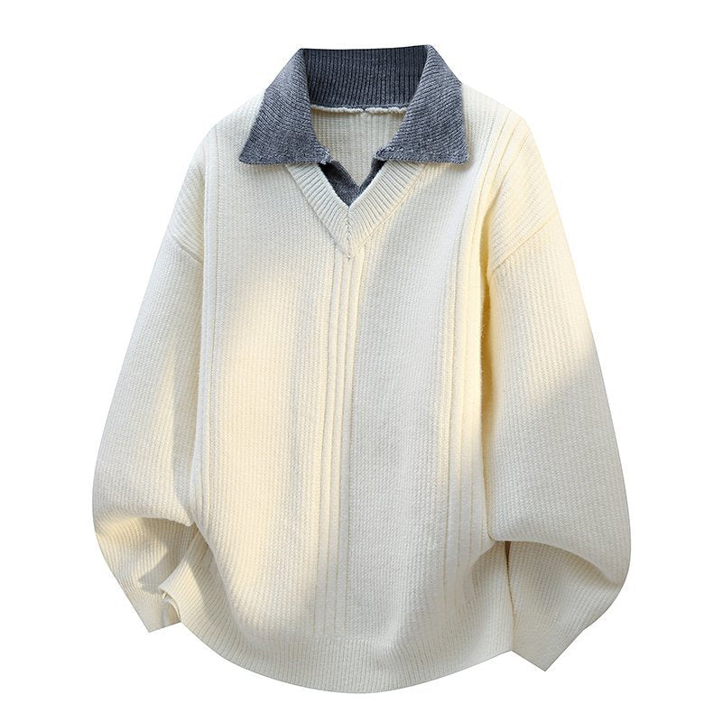 Men's Relaxed Fit Layered Look Turn-Down Collar Knit Sweater