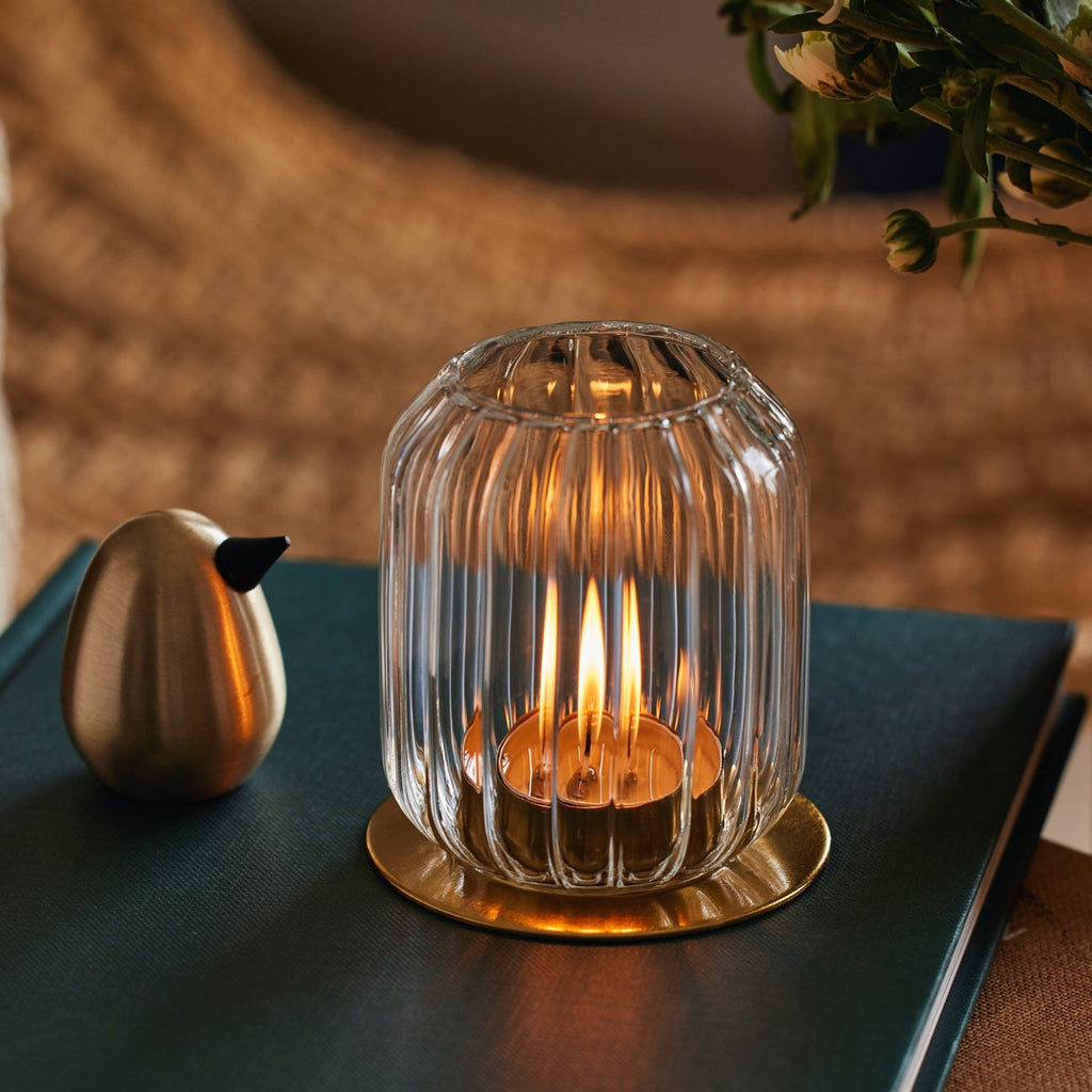 Kira Fluted Glass Lantern Candle Holders | Set of 2 | Mouth-Blown Borosilicate Glass | Brass Base