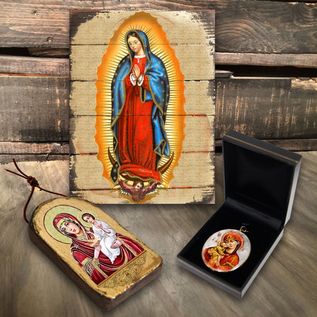 Blessing Angels Religious Jewelry Silver Plated Necklace, Gold-Plated Wooden Cabochon - Christian Sacred Icon - Inspirational Icon Decor - 43028R