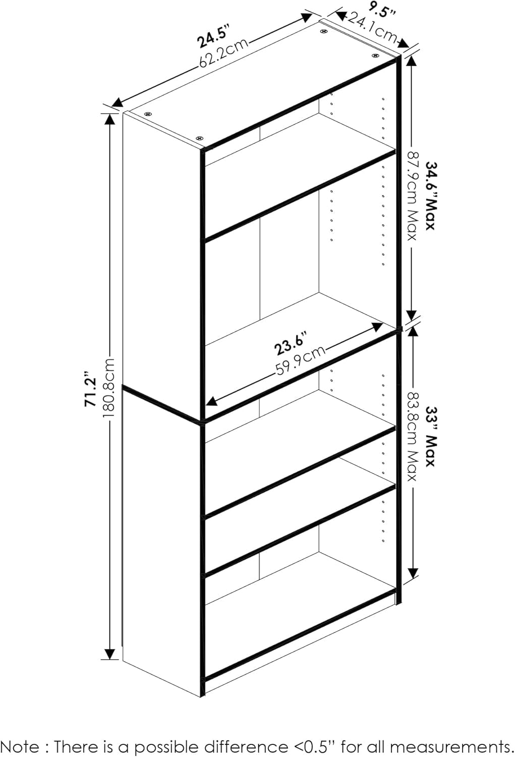 Adjustable 5 Tier Amber Pine Bookcase Living Room Storage