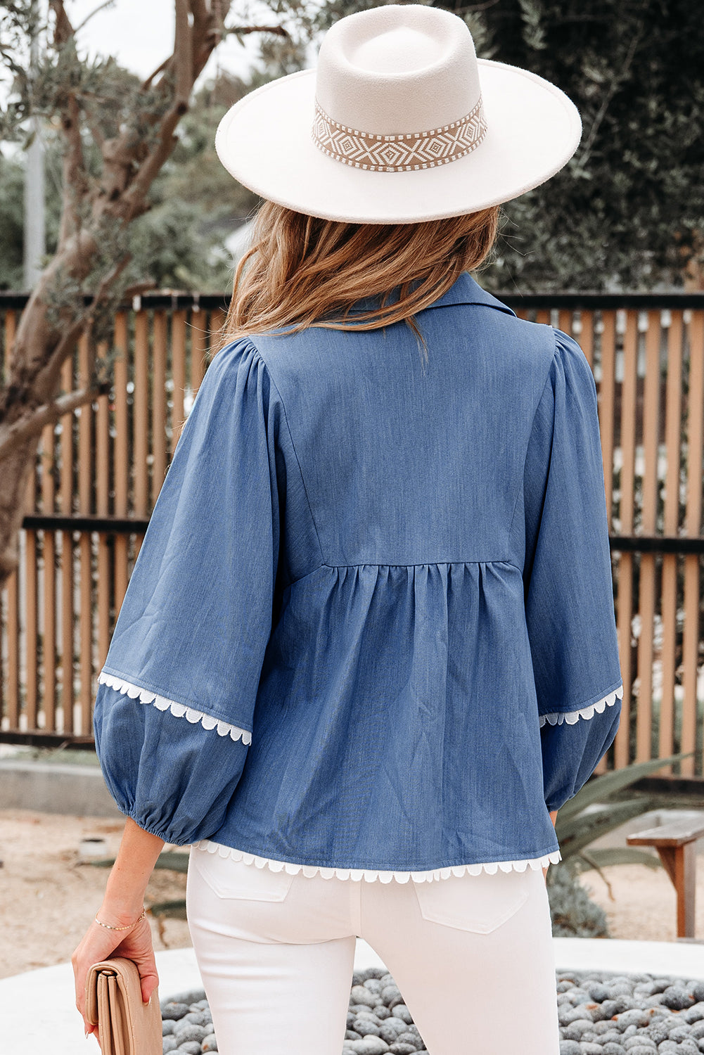 Nevaeh Lace Ric Rac 3/4 Puff Sleeve Collared Babydoll Blouse