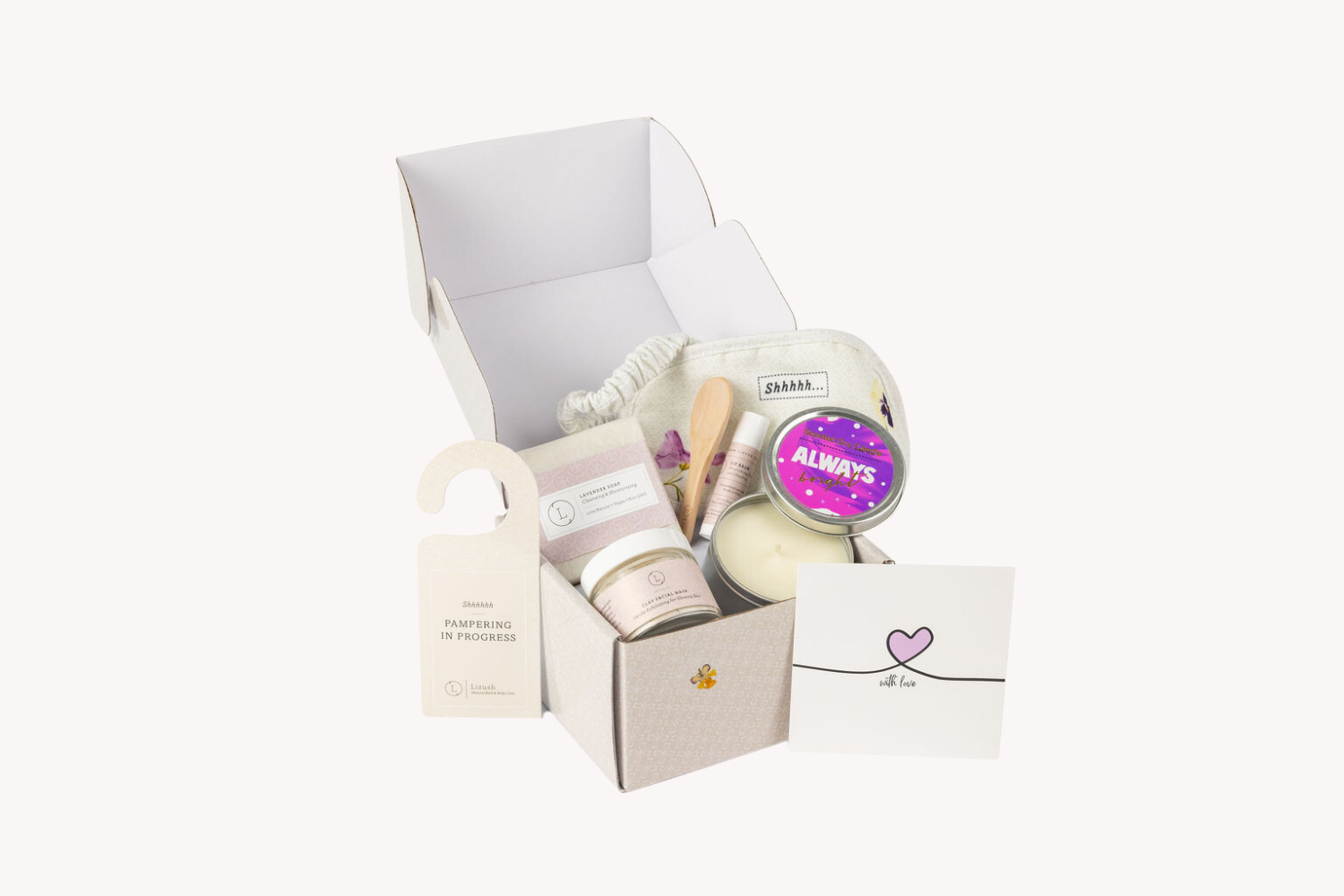 Lavender Thank You Gift Box | 7-Piece All Natural Bath & Body Set | Soy Candle, Clay Mask, Soap & More | Lizush