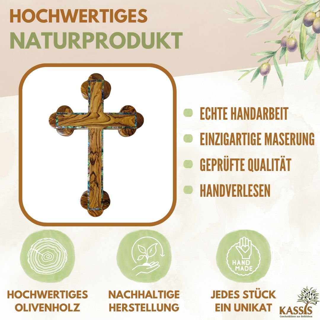 Handcrafted Olive Wood Wall Cross with Mother-of-Pearl Border