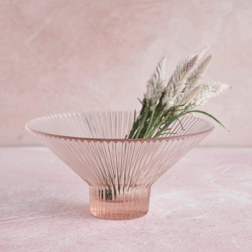 Pressed Pink Glass Low Bowl | Textured Mold-Pressed Glass | Powered by People