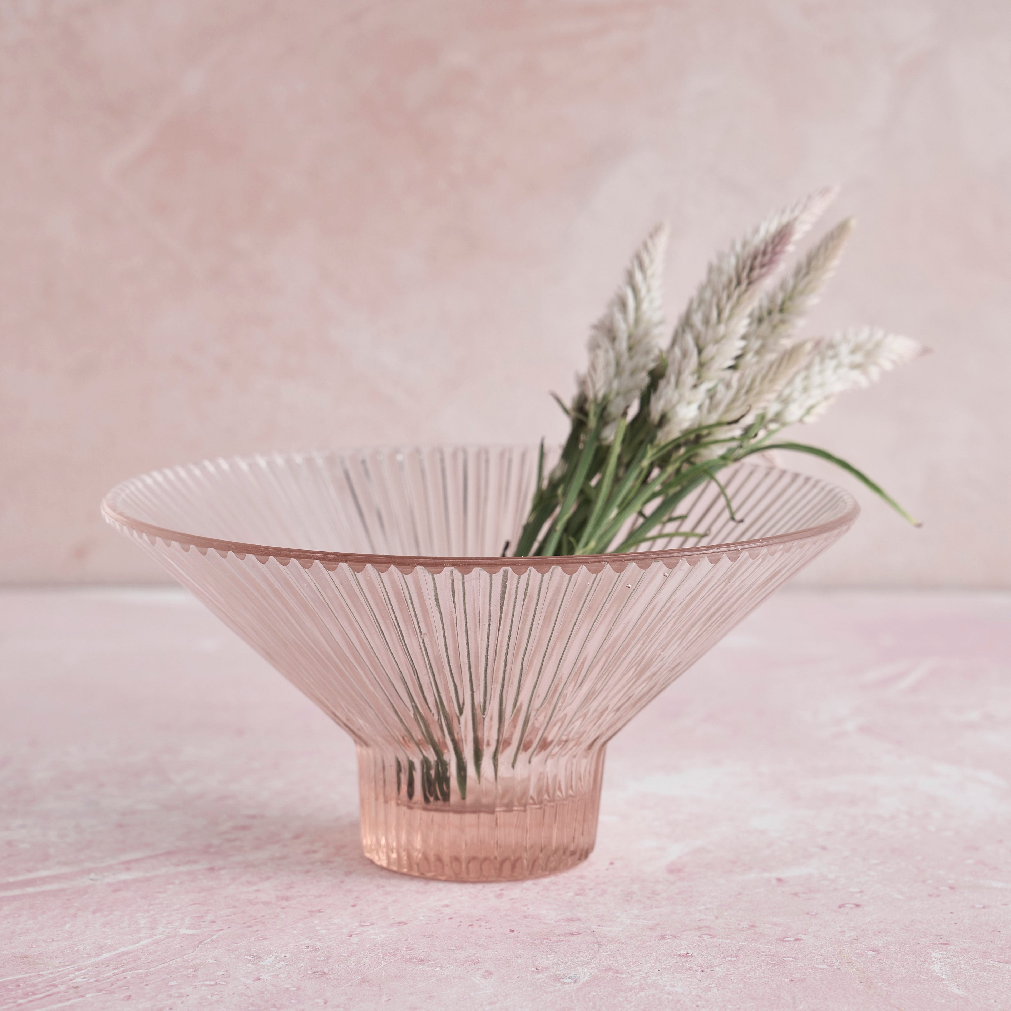 Pressed Pink Glass Low Bowl | Textured Mold-Pressed Glass | Powered by People