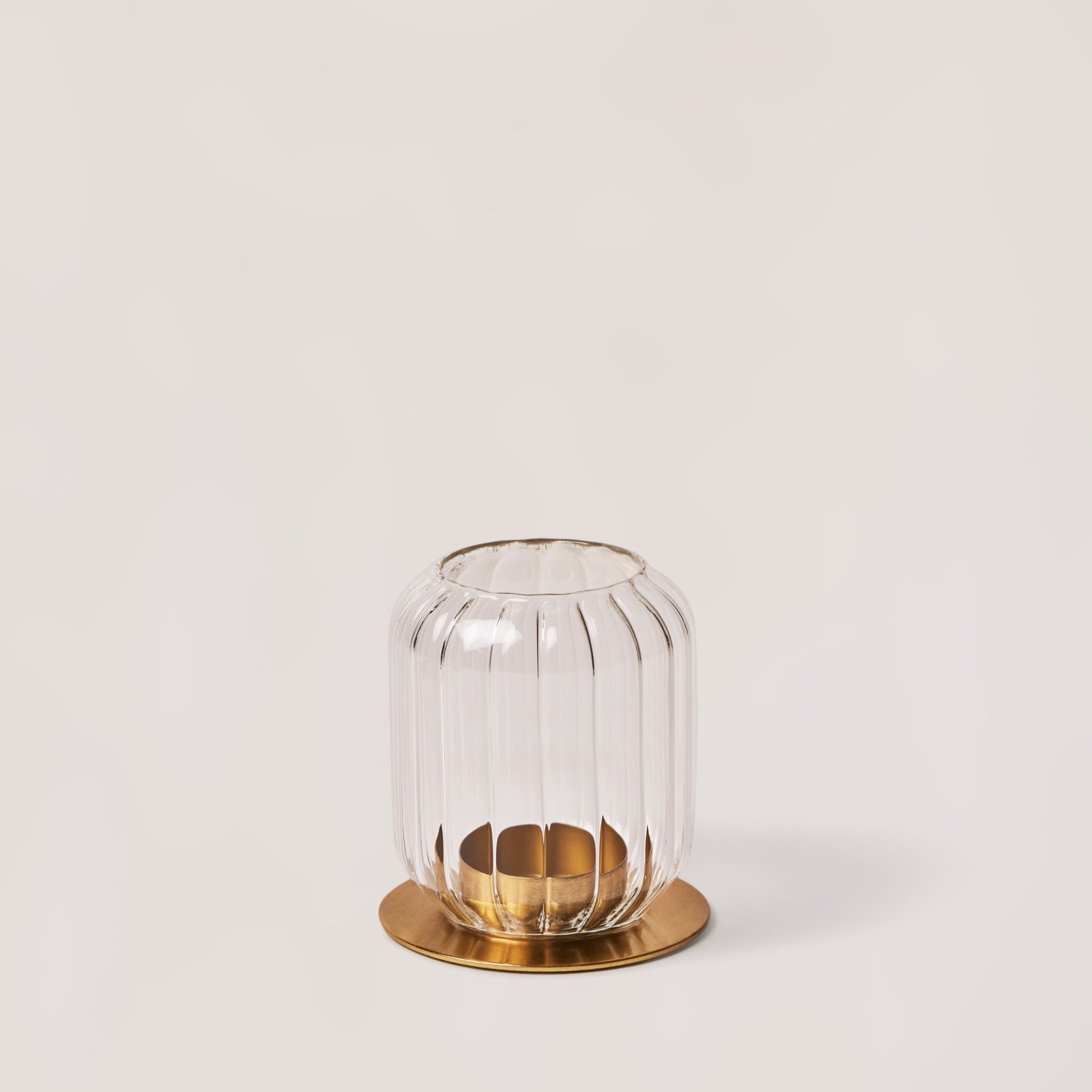 Kira Fluted Glass Lantern Candle Holders | Set of 2 | Mouth-Blown Borosilicate Glass | Brass Base