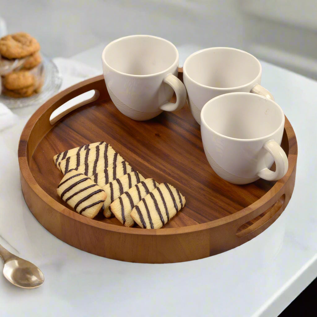 Round Acacia Wood Serving Tray | Solid Acacia | Side Handles | 13" | 15" | 17" | Set of 3 | Charcuterie | Kalmar Home