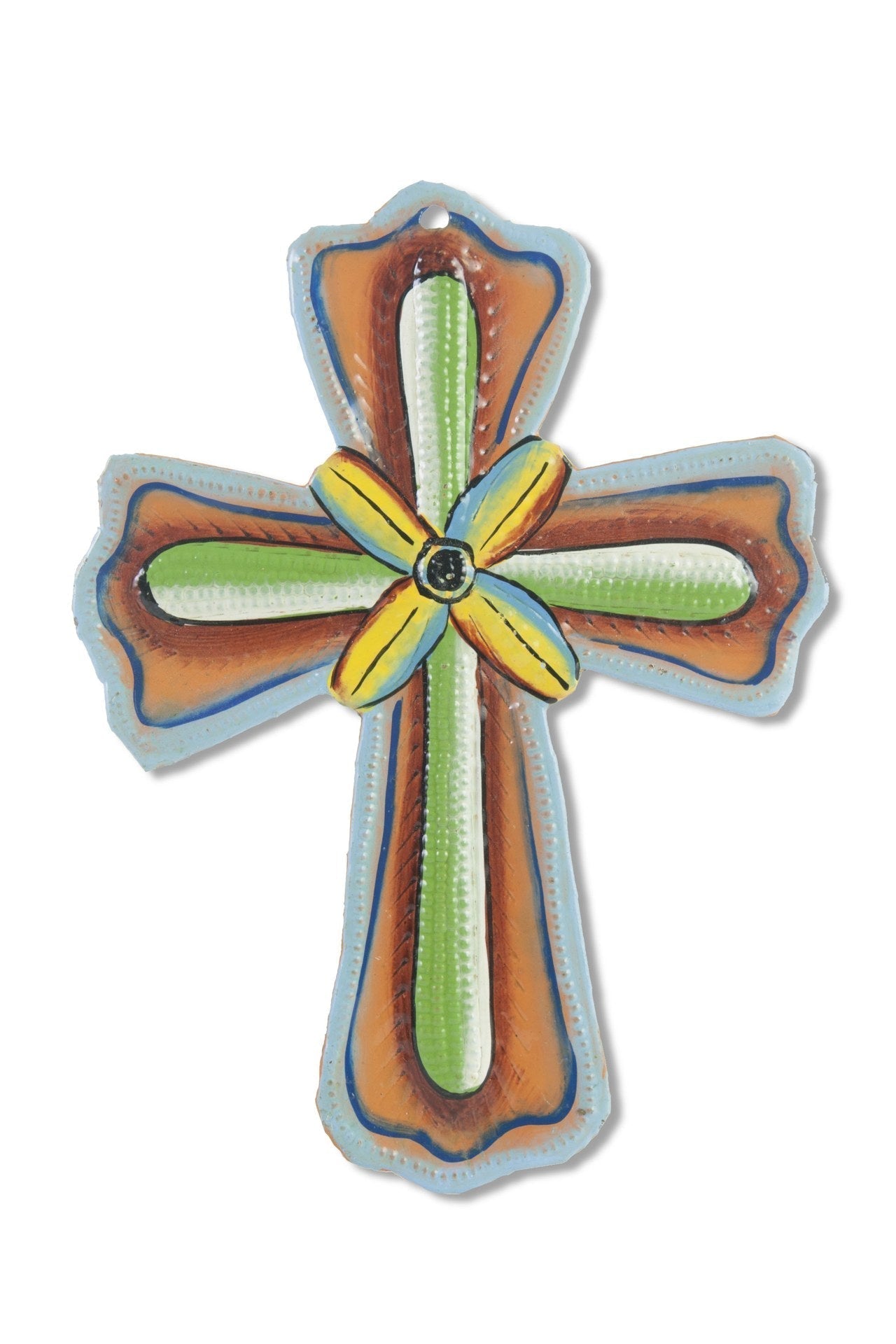 Painted Flower Cross Ornament – Handcrafted Metal Art