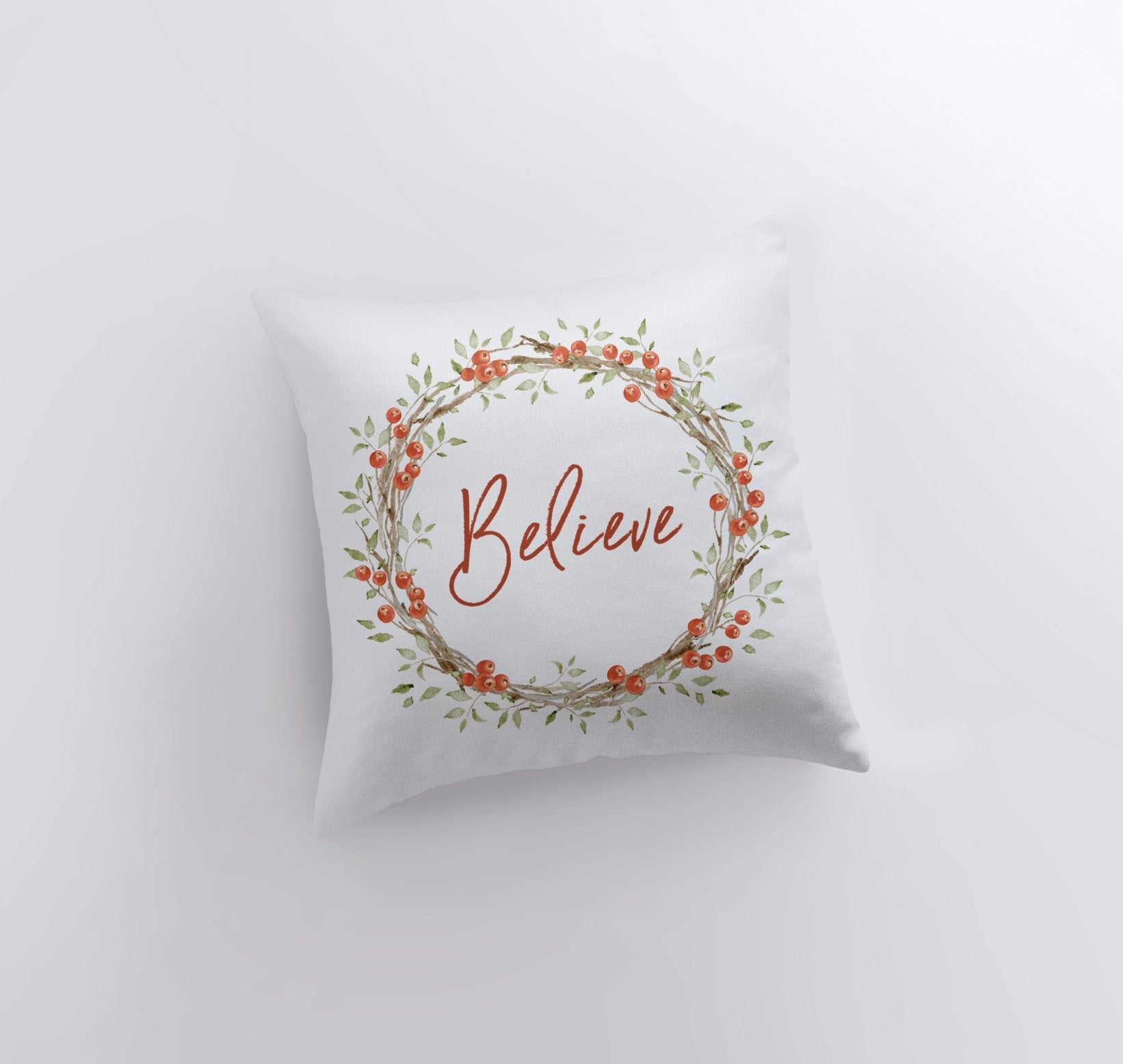 "Believe" Berry Wreath Christmas Throw Pillow — Handmade Holiday Decor