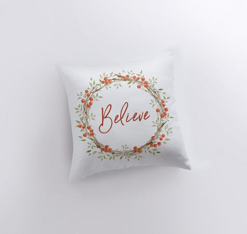 "Believe" Berry Wreath Christmas Throw Pillow — Handmade Holiday Decor