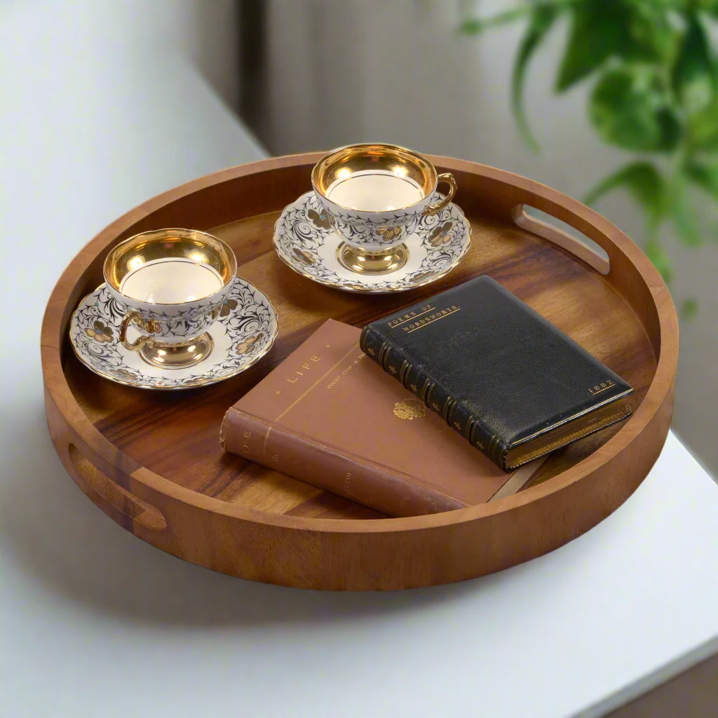 Round Acacia Wood Serving Tray | Solid Acacia | Side Handles | 13" | 15" | 17" | Set of 3 | Charcuterie | Kalmar Home
