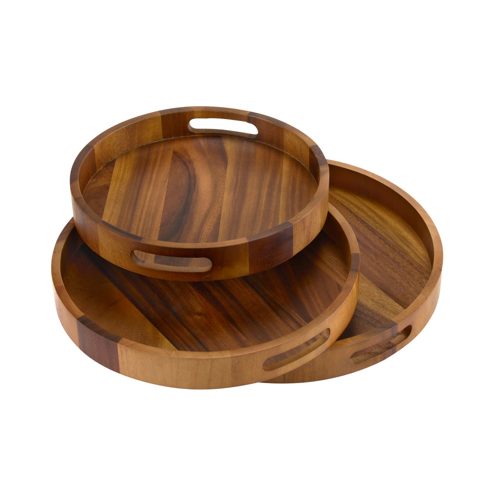Round Acacia Wood Serving Tray | Solid Acacia | Side Handles | 13" | 15" | 17" | Set of 3 | Charcuterie | Kalmar Home