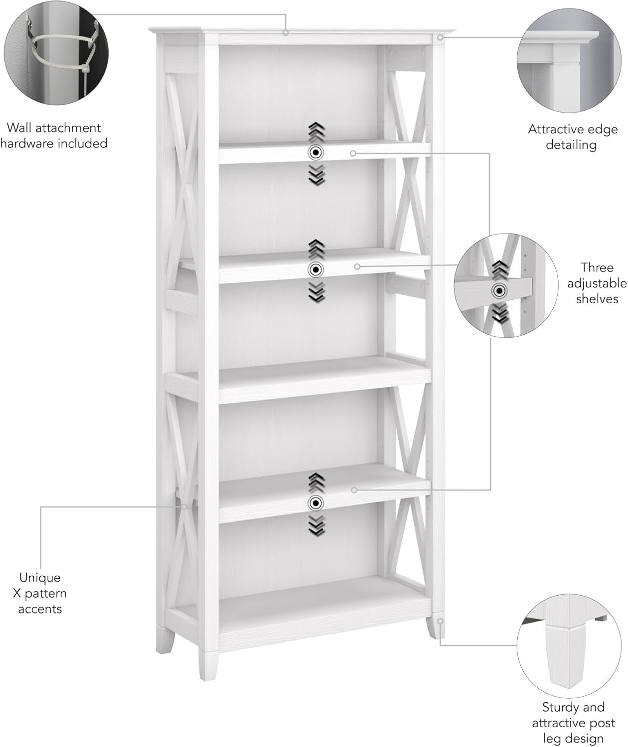 Tall 5 Shelf Bookcase In Pure White Oak Modern Farmhouse