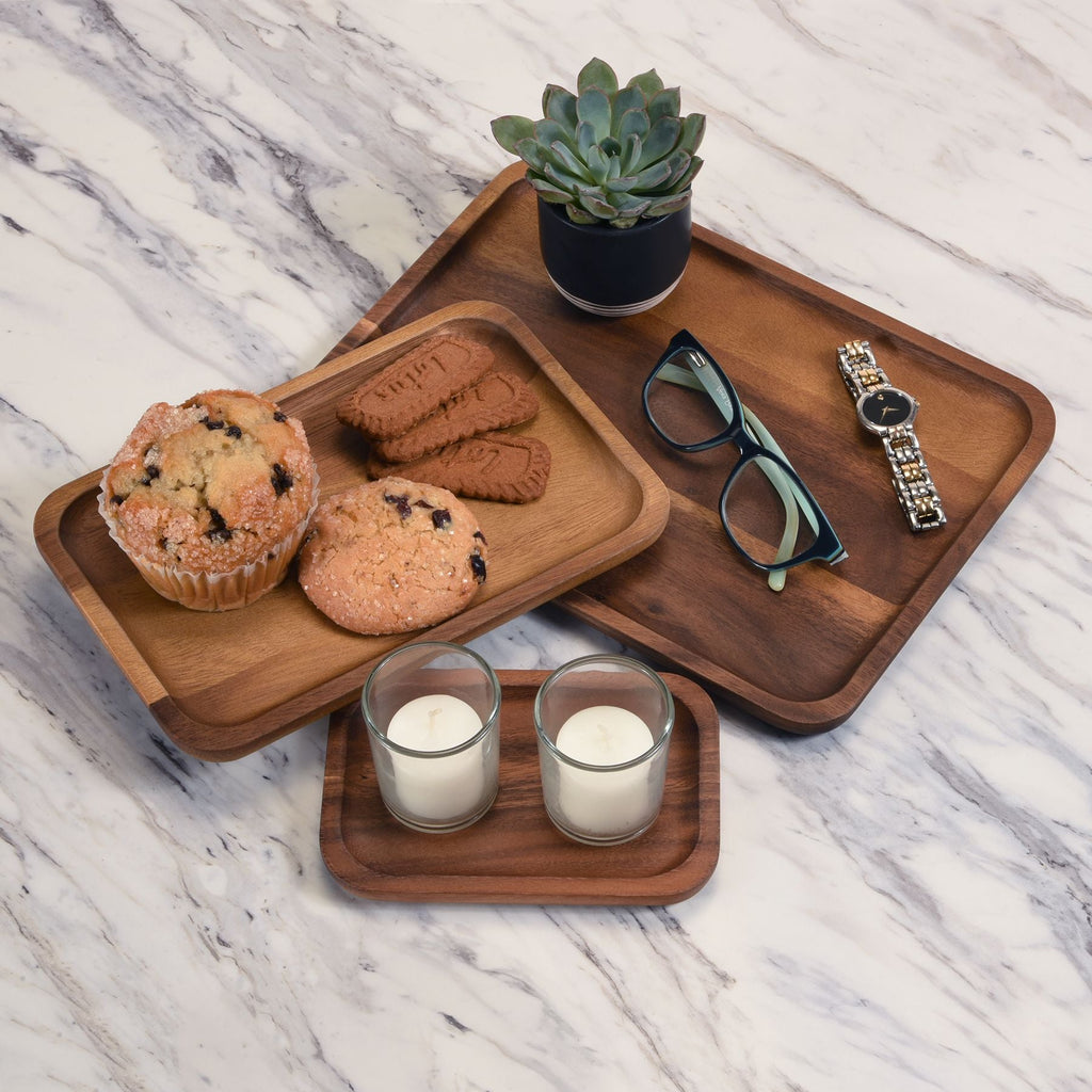 Acacia Wood Plates Set of 3 | One of Each Size | Rectangle & Square | Kalmar Home