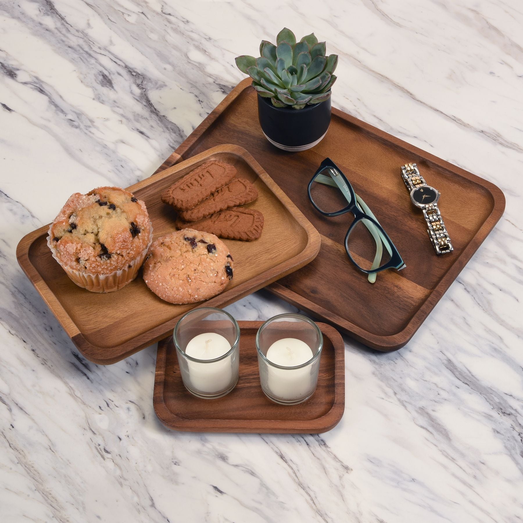 Acacia Wood Plates Set of 3 | One of Each Size | Rectangle & Square | Kalmar Home