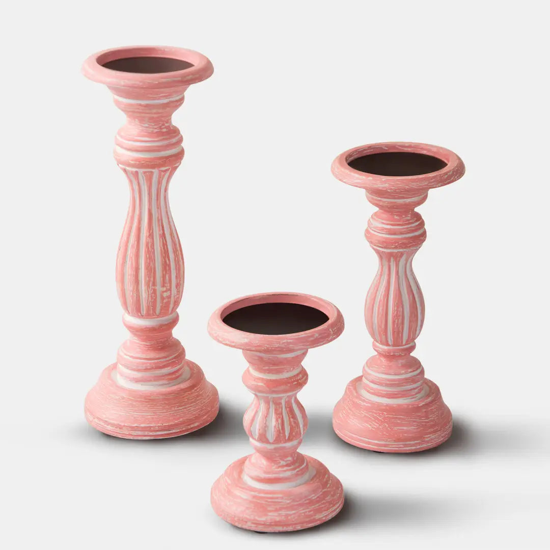 Rosé Reverie Pillar Candleholder Set | Set of 3 | Handcarved Mango Wood | 12", 9" & 6" | Washed Pink Finish