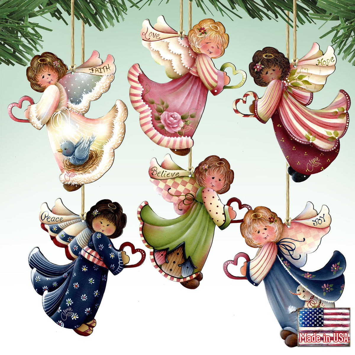 Loving Angels Wooden Ornaments Set of 6 by Jamie Mills-Price - Nativity Holiday Decor - 8457517-S6-MP