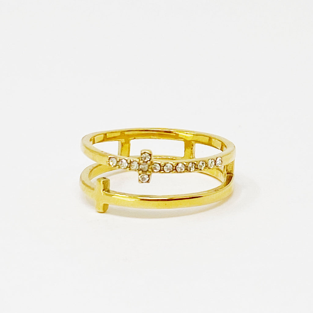 Forever Double Cross Ring | 18K Gold Plated Stainless Steel | Cubic Zirconia | Christian Faith Ring | Ellison+Young