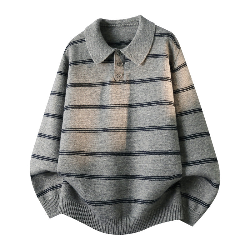 Men's Casual Striped Long Sleeve Polo Collar Knit Sweater