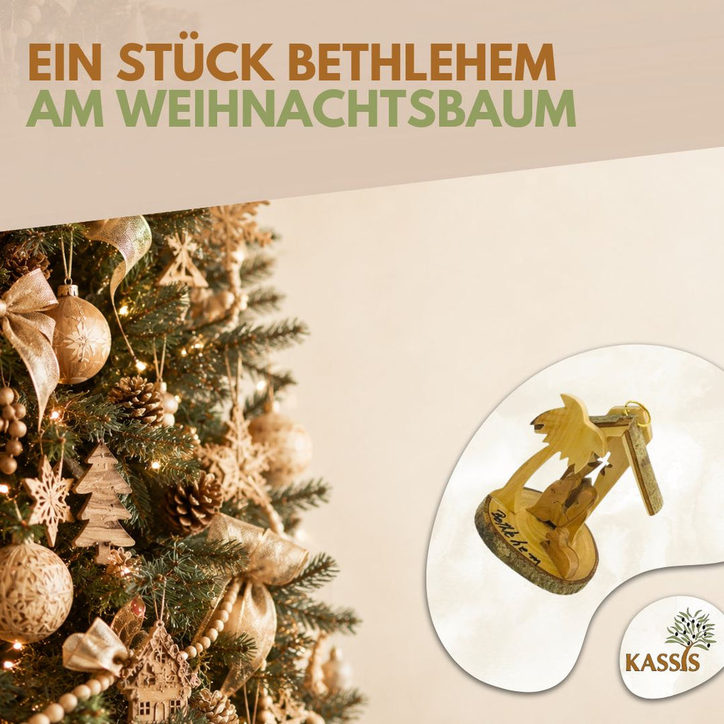 Handmade Olive Wood Nativity Ornament with Natural Bark, 7 cm