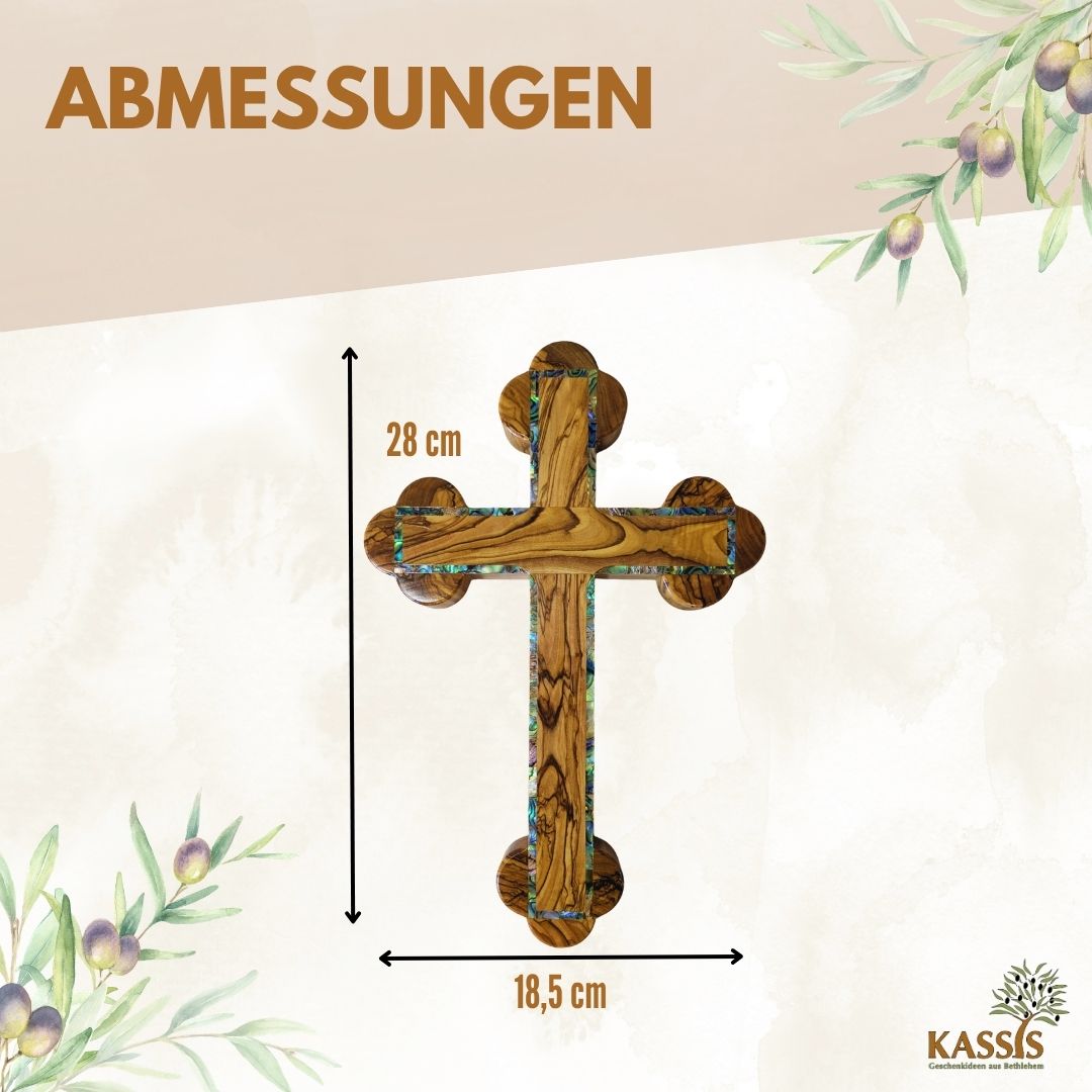Handcrafted Olive Wood Wall Cross with Mother-of-Pearl Border