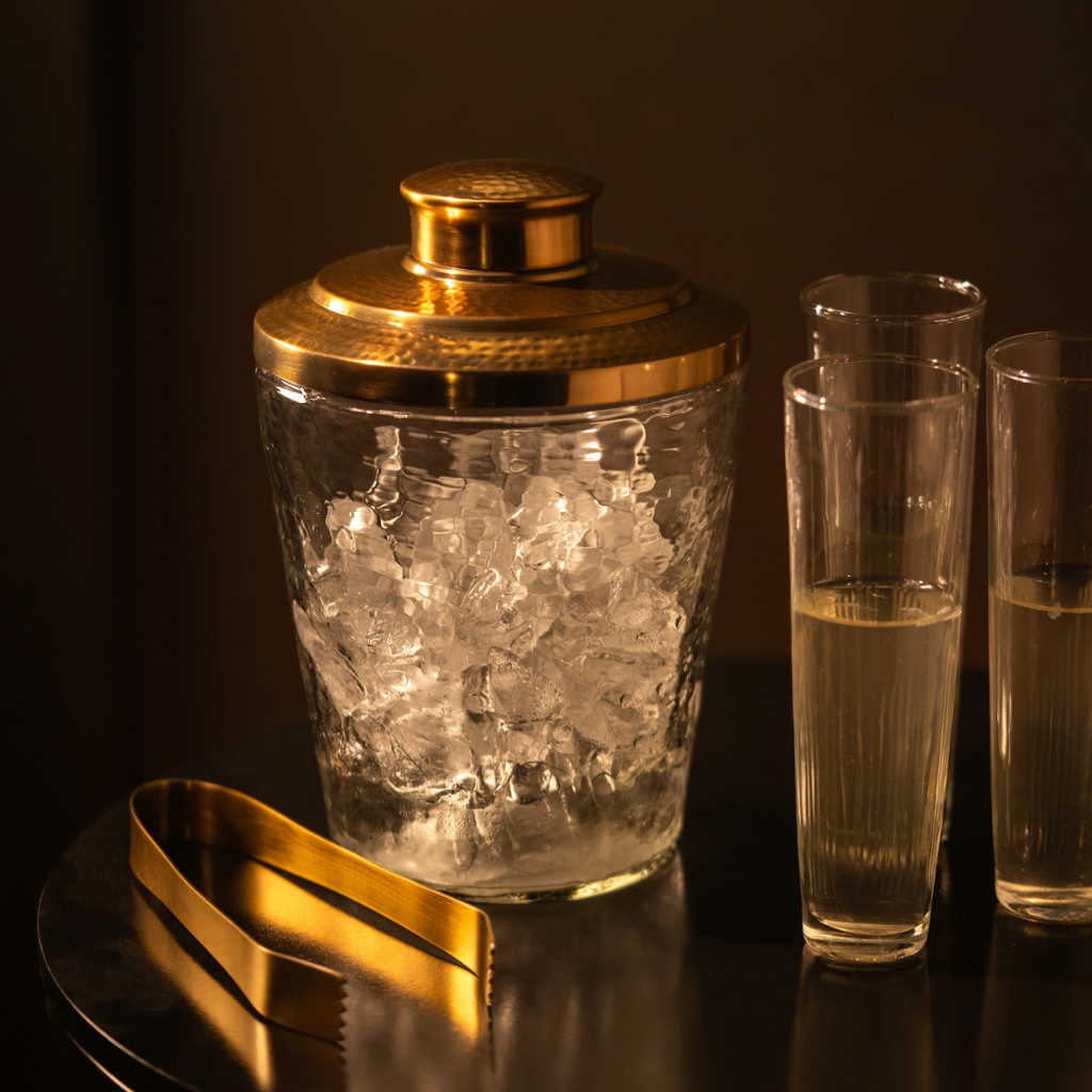 Pebbled Glass Ice Bucket & Brass Tongs Set | 60 oz | Hammered Brass Lid | Entertaining | Powered by People
