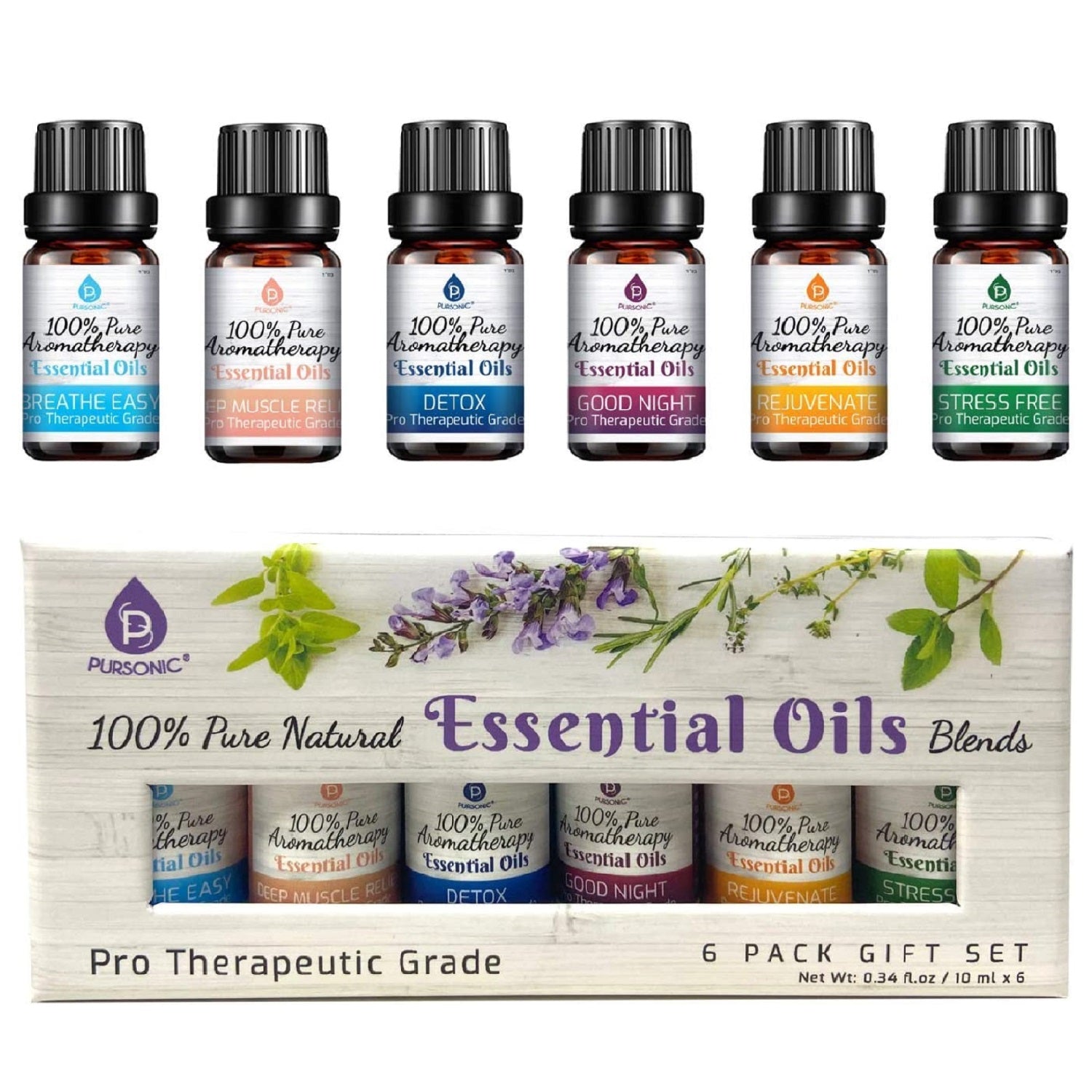 6-Pack Pure Essential Oil Blends | Breath Easy, Deep Muscle Relief, Detox, Good Night, Rejuvenate & Distress | PURSONIC