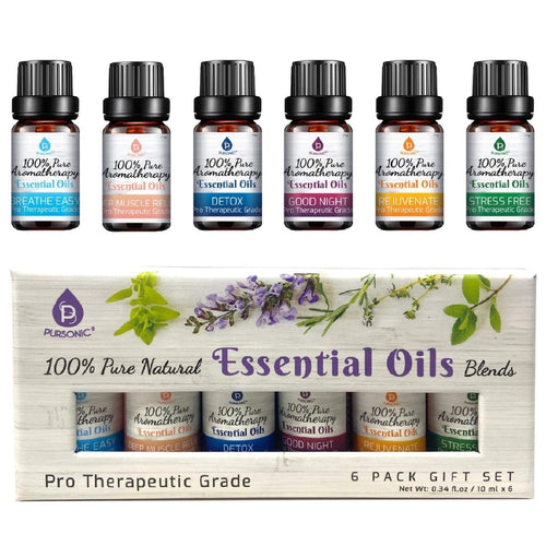 6-Pack Pure Essential Oil Blends | Breath Easy, Deep Muscle Relief, Detox, Good Night, Rejuvenate & Distress | PURSONIC